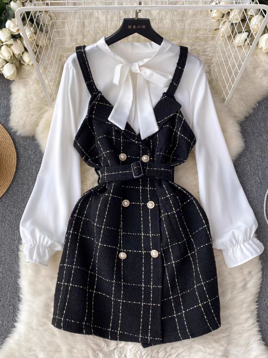 Pankh Sofia Autumn Tweed Dress With Bow Shirt
