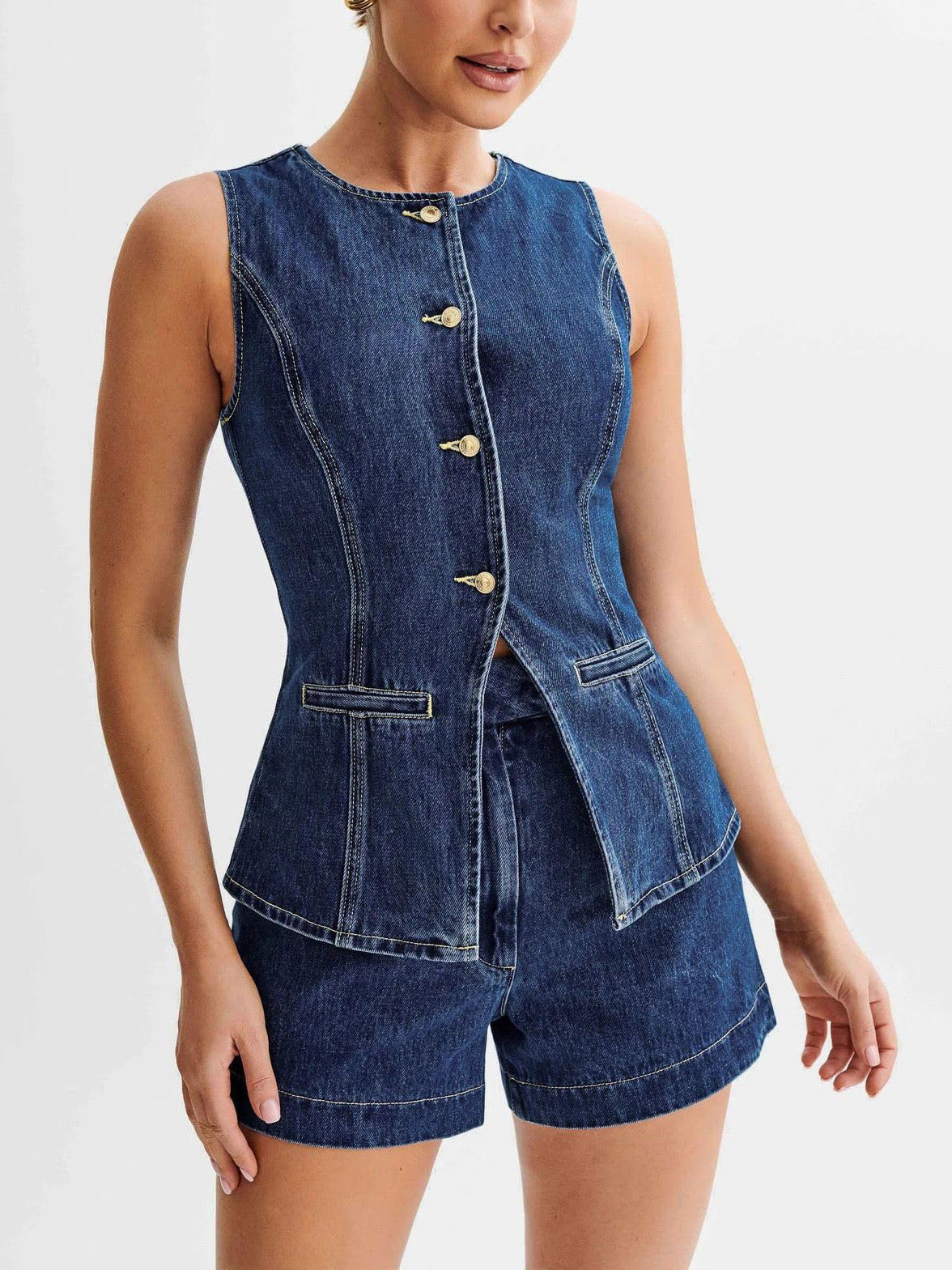 Pankh Genric Denim Waist Coat & Short Coord Set
