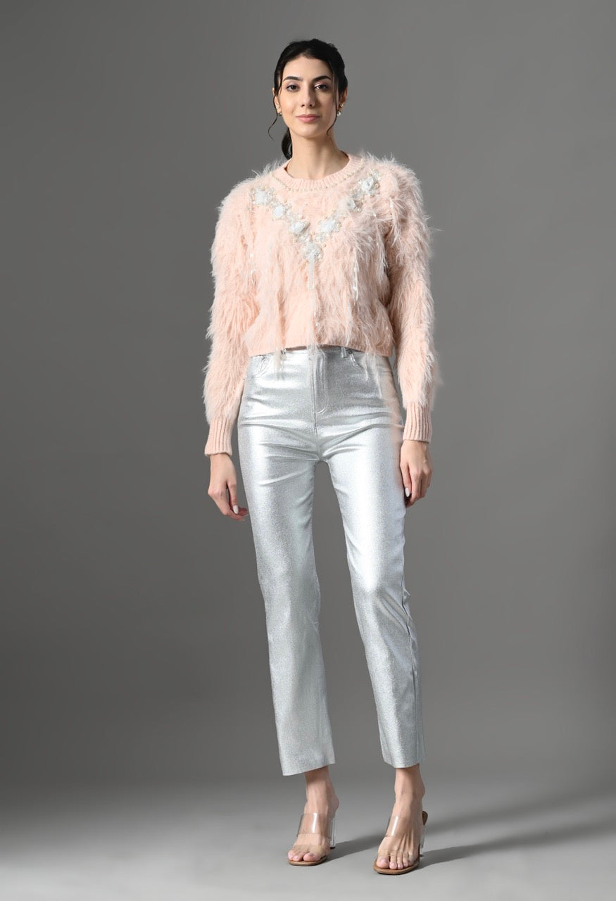 Pankh Cici Embellished Flower and Fur Luxe Fur Cropped Sweater Top