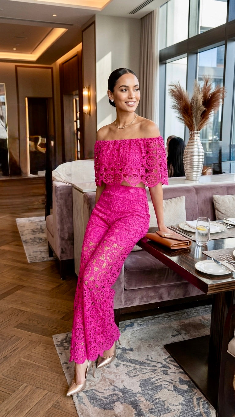 Pankh Mitio Crochet Off Shoulder Top and Pants Coord Set
