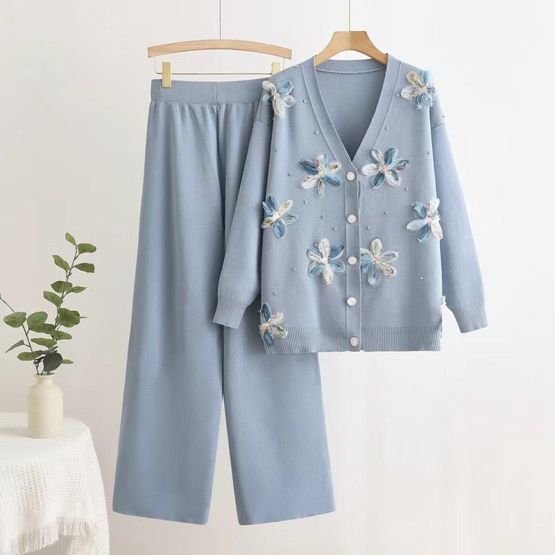 Pankh Elantra 3D Floral Patch Work Knit Wool Coat and Pant Coord Set