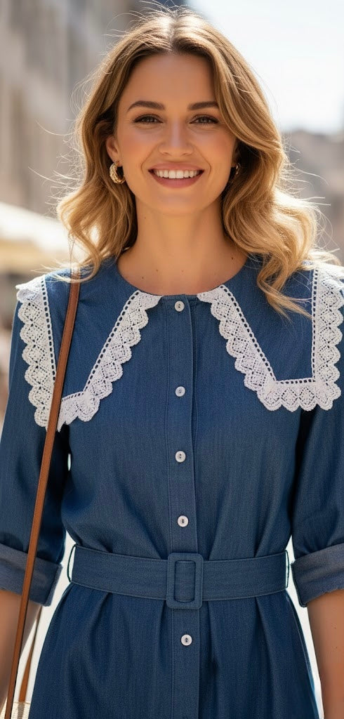 Pankh Kashvi Spring Summer Lace Collar Denim Look Shirt Dress