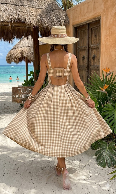 Pankh Dawel Cotton Gingham Back Buckle Midi Dress (back buckle will be different)
