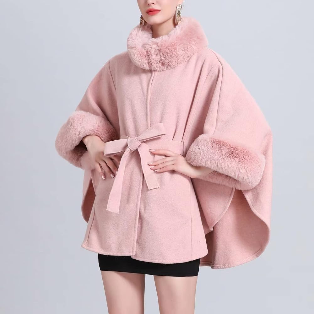 Pankh Lossy Woolen Cape Coat With Fur Collar & Sleeve