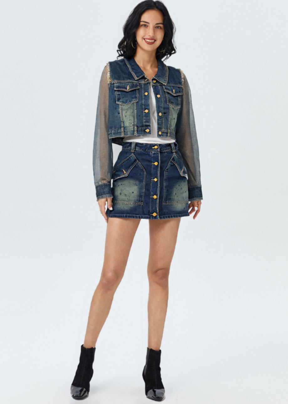 Pankh Dilan Stone Embellished Denim Sleeveless Jacket and Skirt Set
