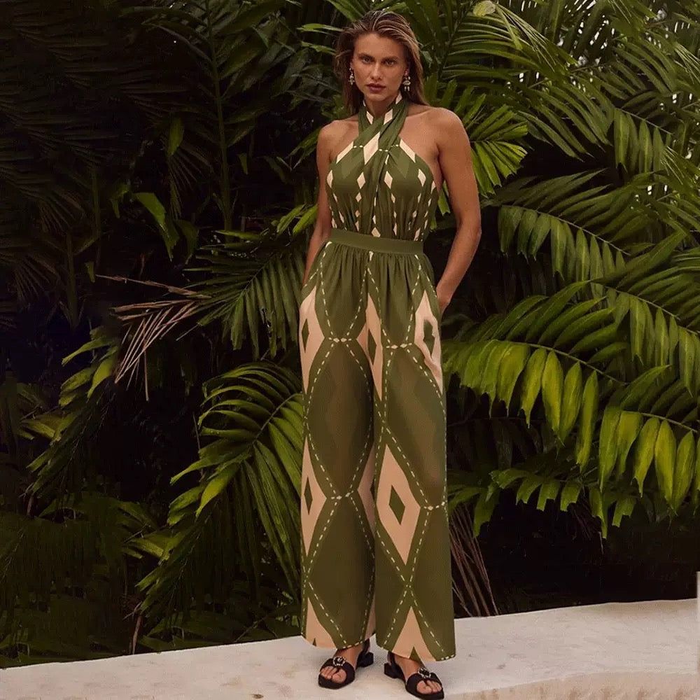 Pankh Zick Halter Cross Neck Monokini and Pant Cover Up Set