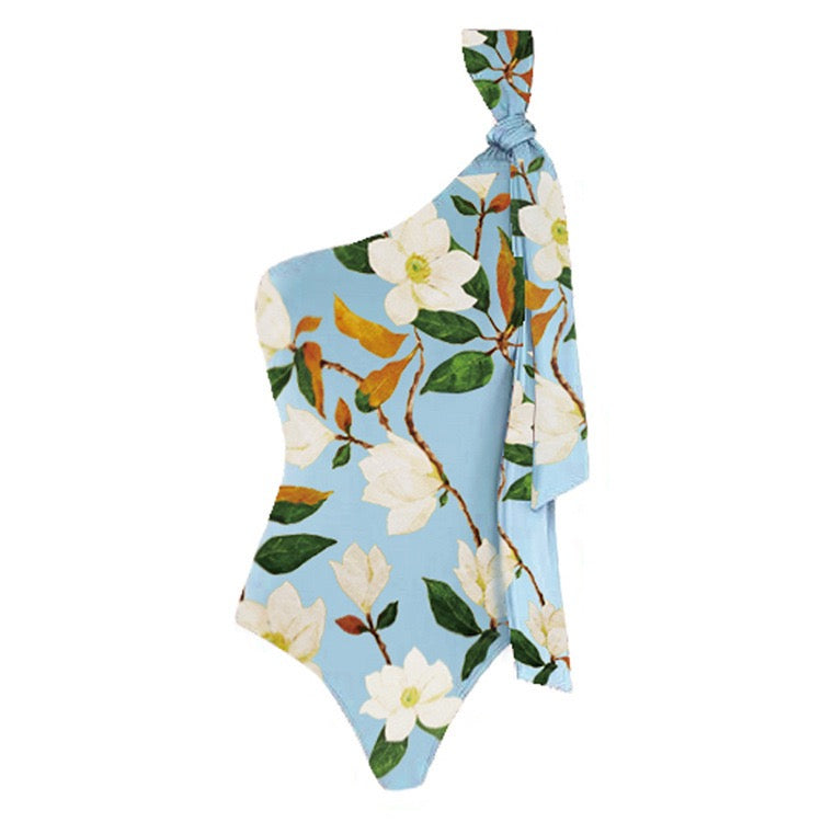 Pankh Gale Floral One Off Shoulder Monokini & Shorts Swim Set