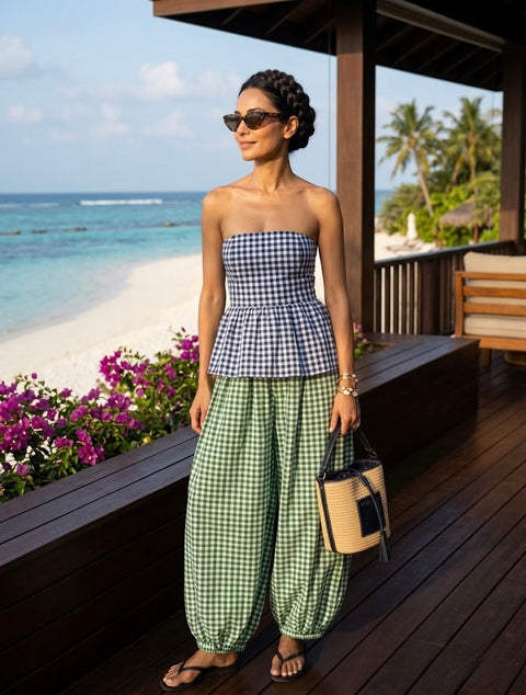 Pankh Foxy Gingham Tube Top and Balloon Pant Coord Set