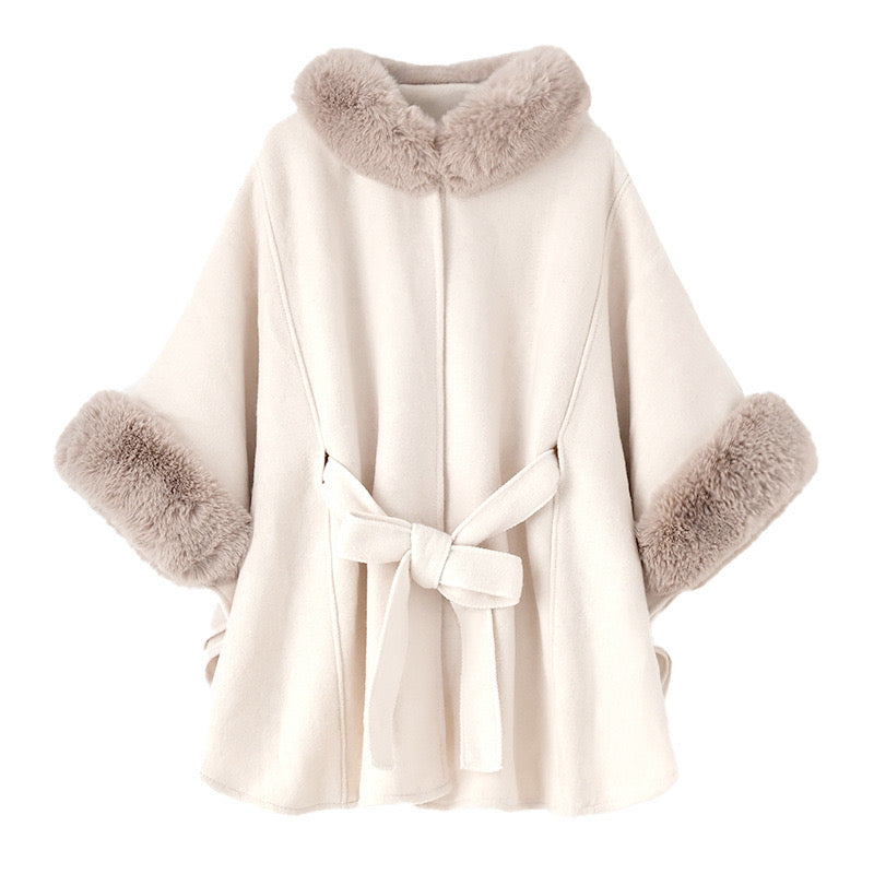 Pankh LOSSY WOOLEN CAPE COAT WITH FUR COLLAR AND SLEEVE
