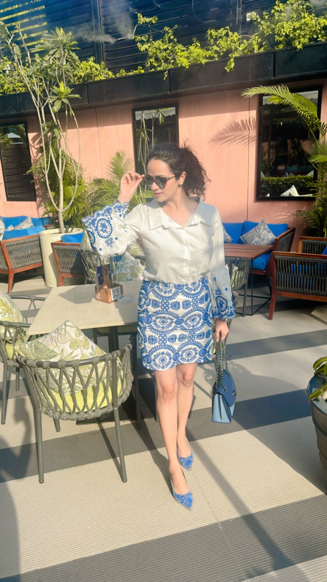 Pankh Monte Embroidered Cotton Off Shoulder Bell Sleeve Shirt And Skirt