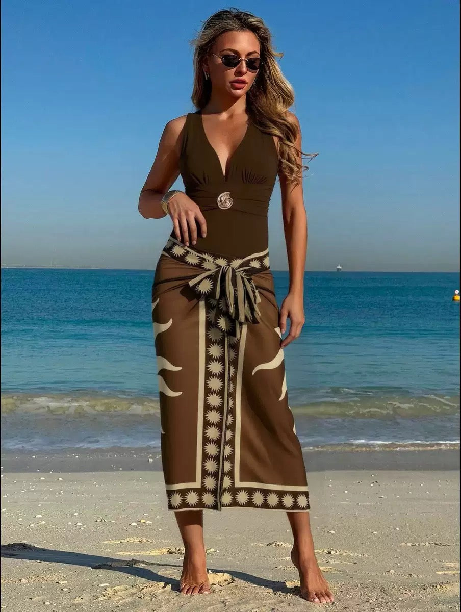 Pankh Zesty Mocha Monokini & Tie up Sarong Set