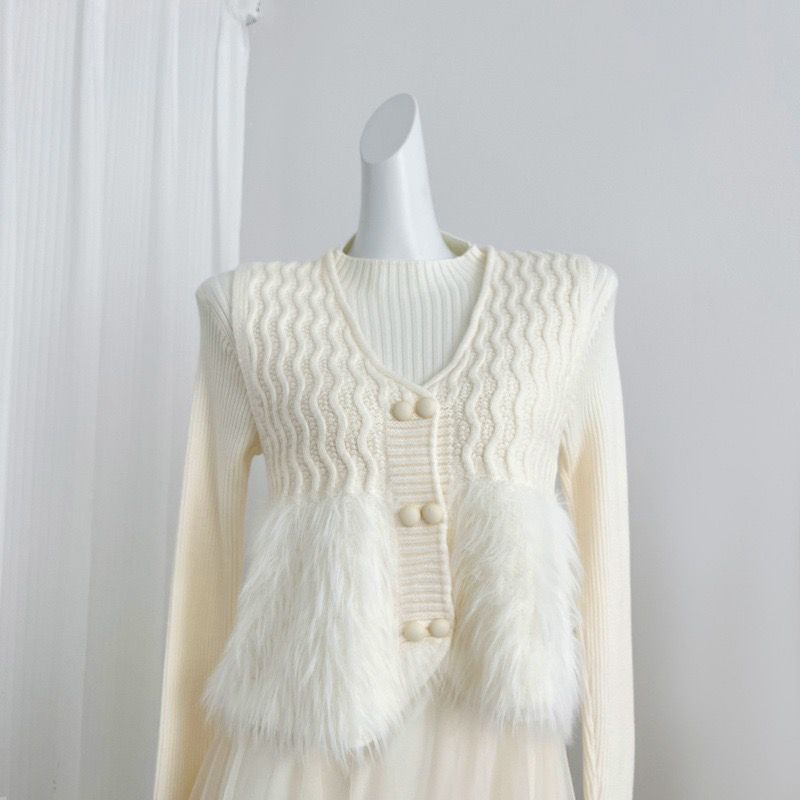 Pankh Reha Fur Jacket And Wool Knit and Net Dress Set