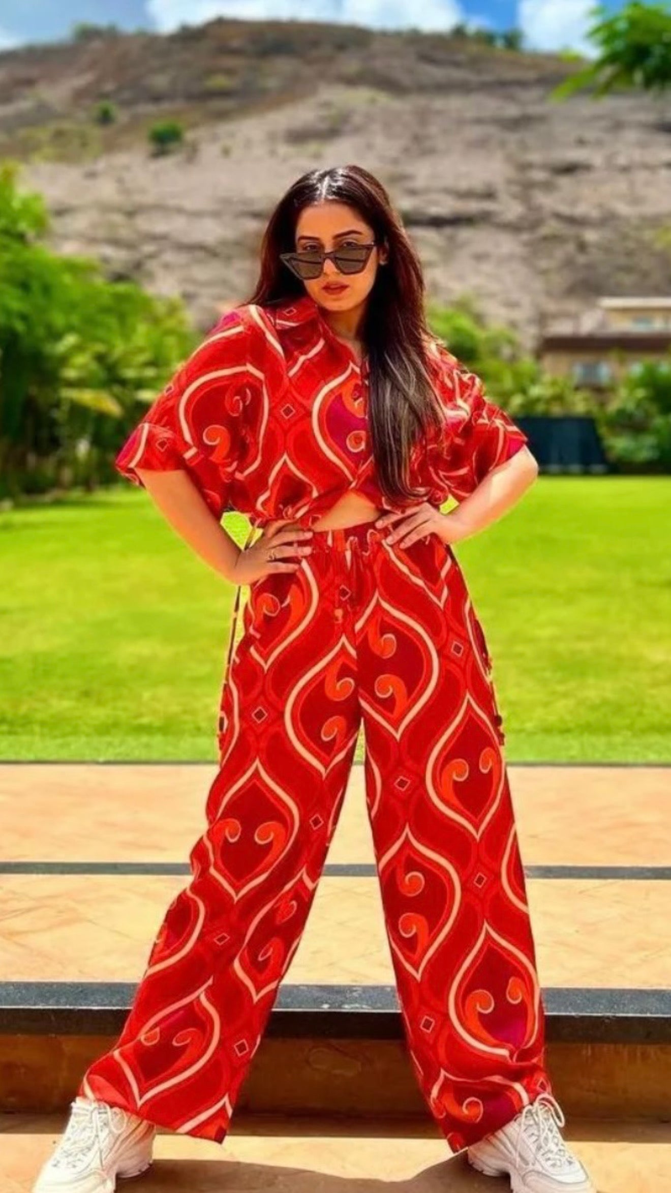Mango silk blend printed summer crop top and Pant coord set