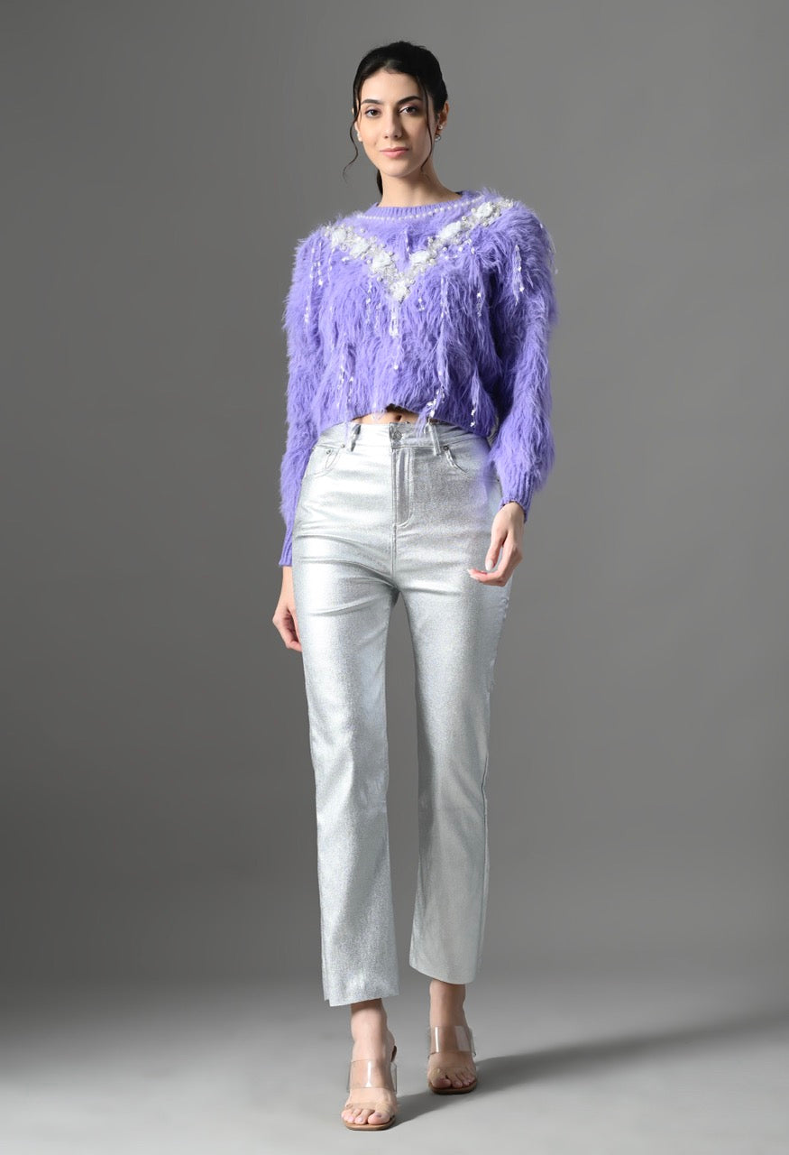 Pankh Cici Embellished Flower and Fur Luxe Fur Cropped Sweater Top