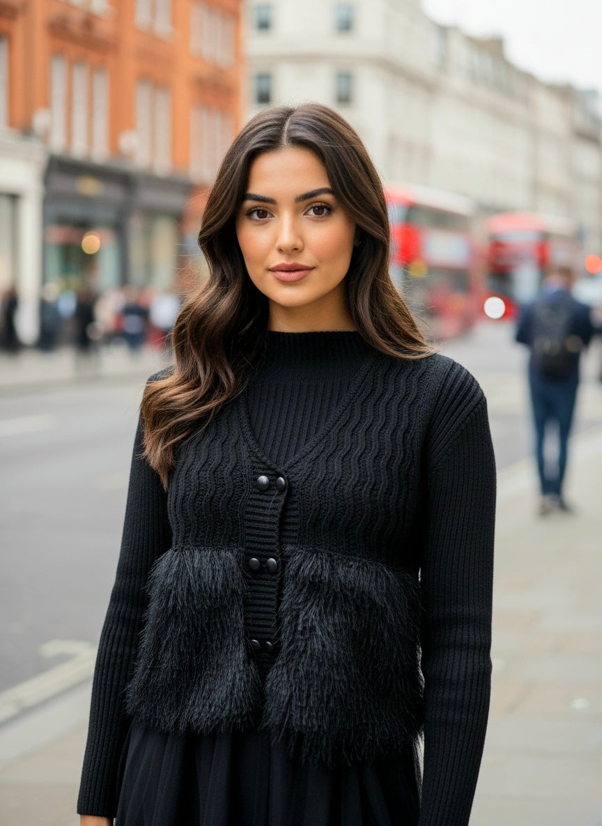 Pankh Reha Fur Jacket And Wool Knit and Net Dress Set