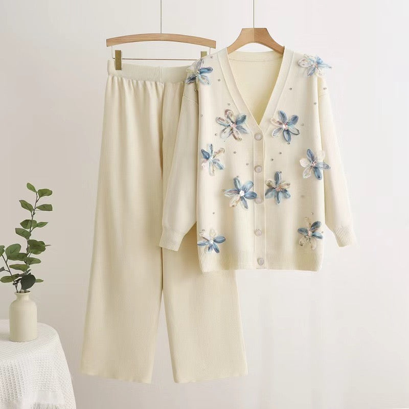 Pankh Elantra 3D Floral Patch Work Knit Wool Coat and Pant Coord Set