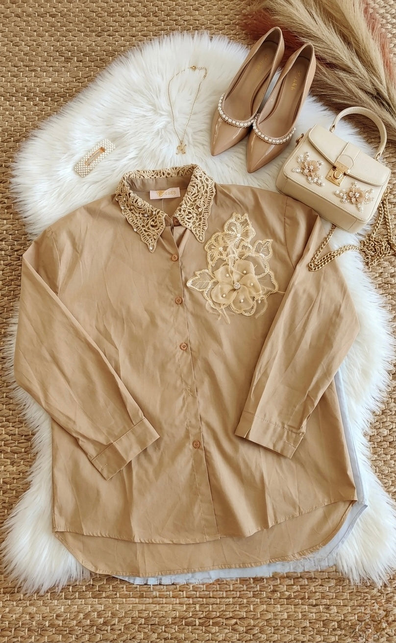 Pankh Aira Long Sleeve Cotton Elegant Shirt With Fur & Flower Patch