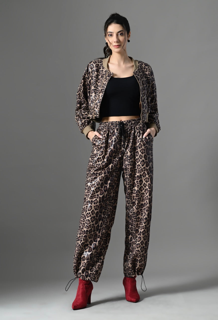 Pankh Leo Leopard Leather Look Cropped Jacket and Jogger Pants Set