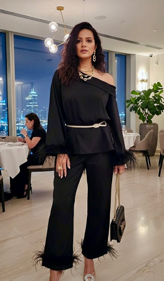 Pankh Archie One Off Shoulder Fur Top And Pant Set