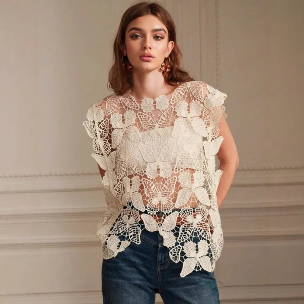 Pankh Zape Butterfly Hollow Cutout Pattern Lace Crochet Top