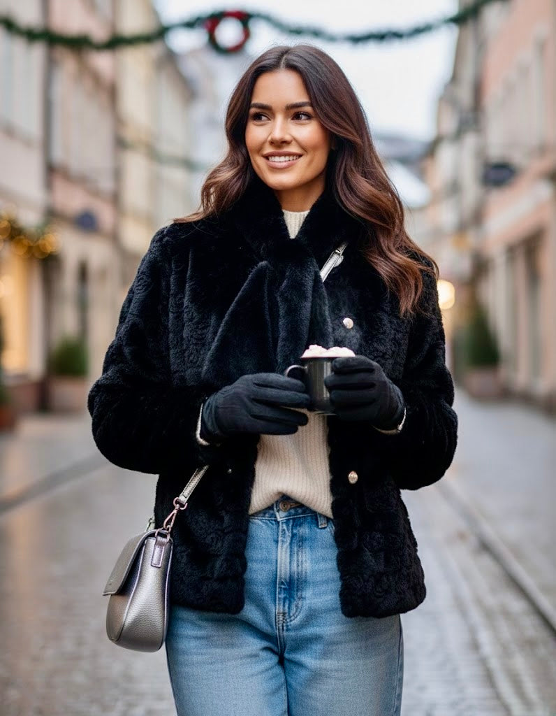 Pankh Flume 3D Rose Teddy Fur Blazer Coat with Muffler