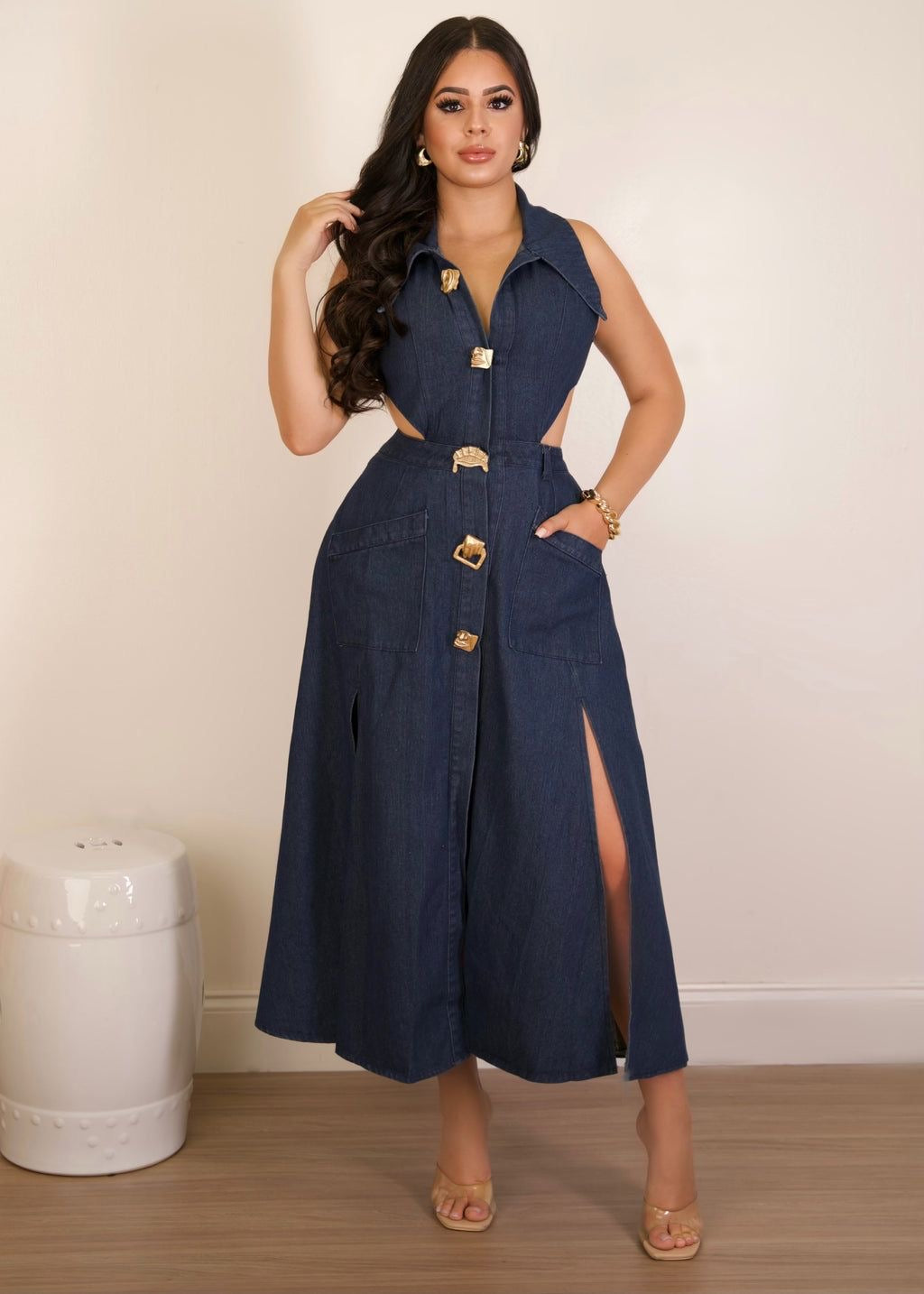 Pankh Lapele Denim Maxi Dress with Face Metal Buttons