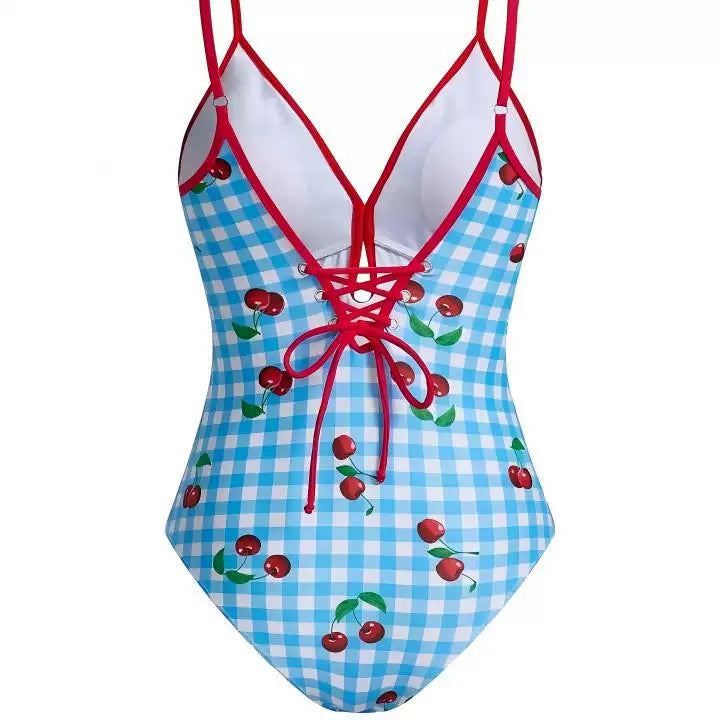 Pankh Cherry Gingham Plaid Swimsuit & Skirt Set