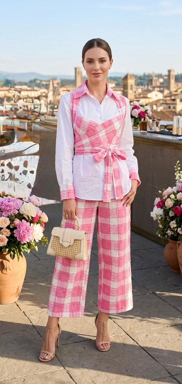Imana Textured Gingham Multiway Draped Shirt & Pant Set with Pearl Detailing