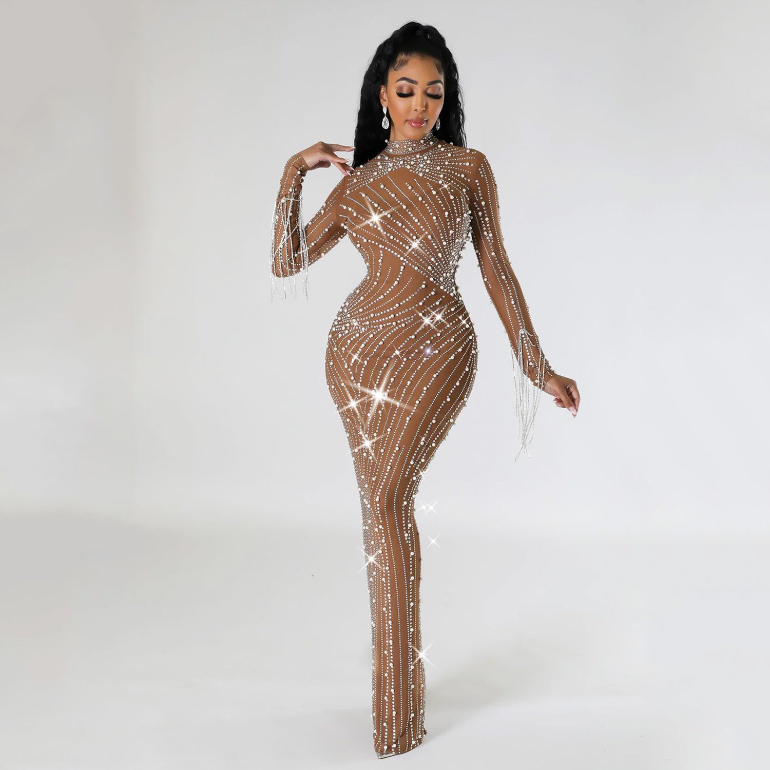 bodysuit with sheer dress Pankh Grace Rhinestone Embelished Maxi Party Wear Sheer Dress with Bodysuit Brown / S