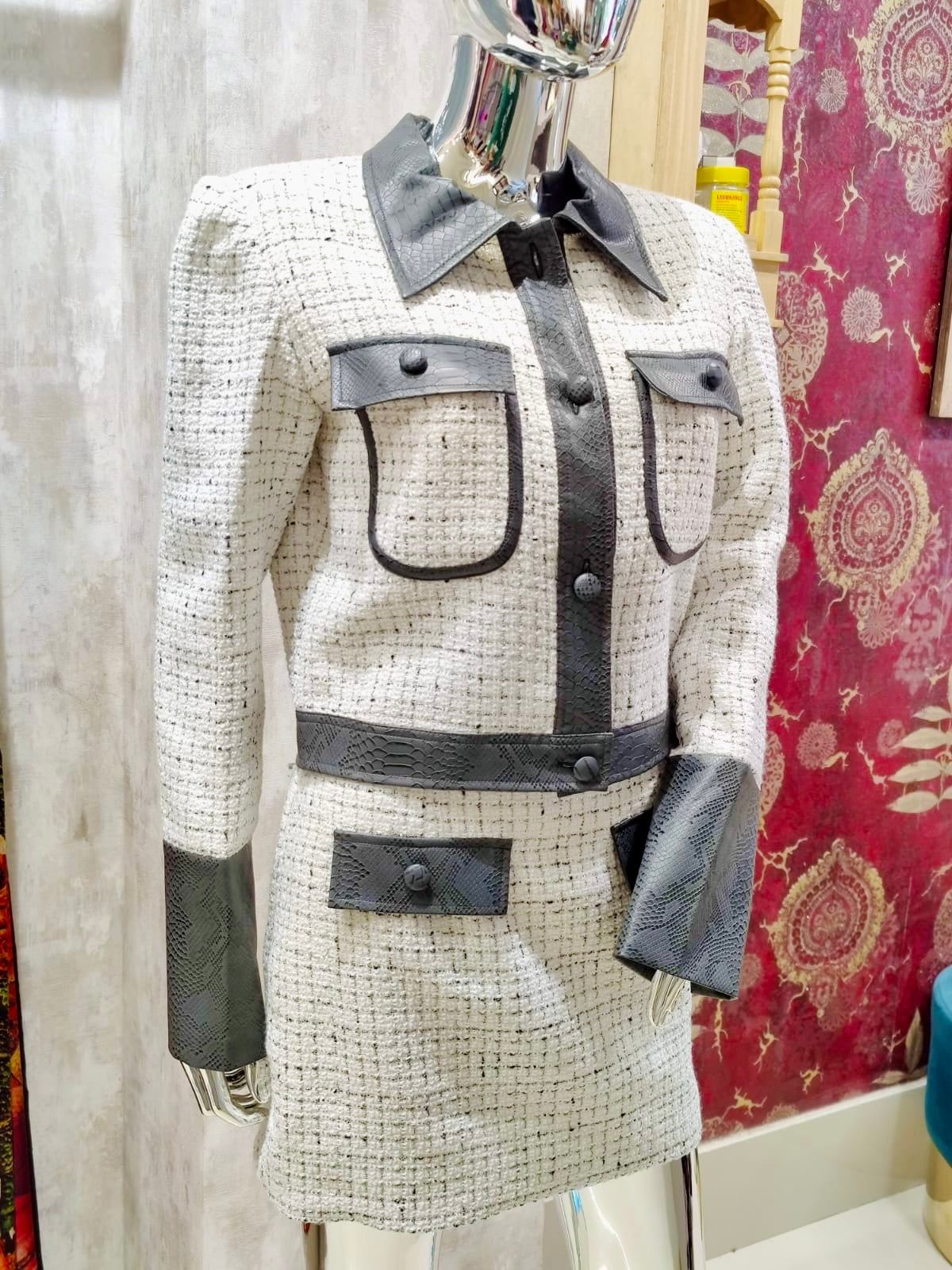 Pankh Rolce Tweed and Faux Croc Leather Blazer and Skirt Coord Set