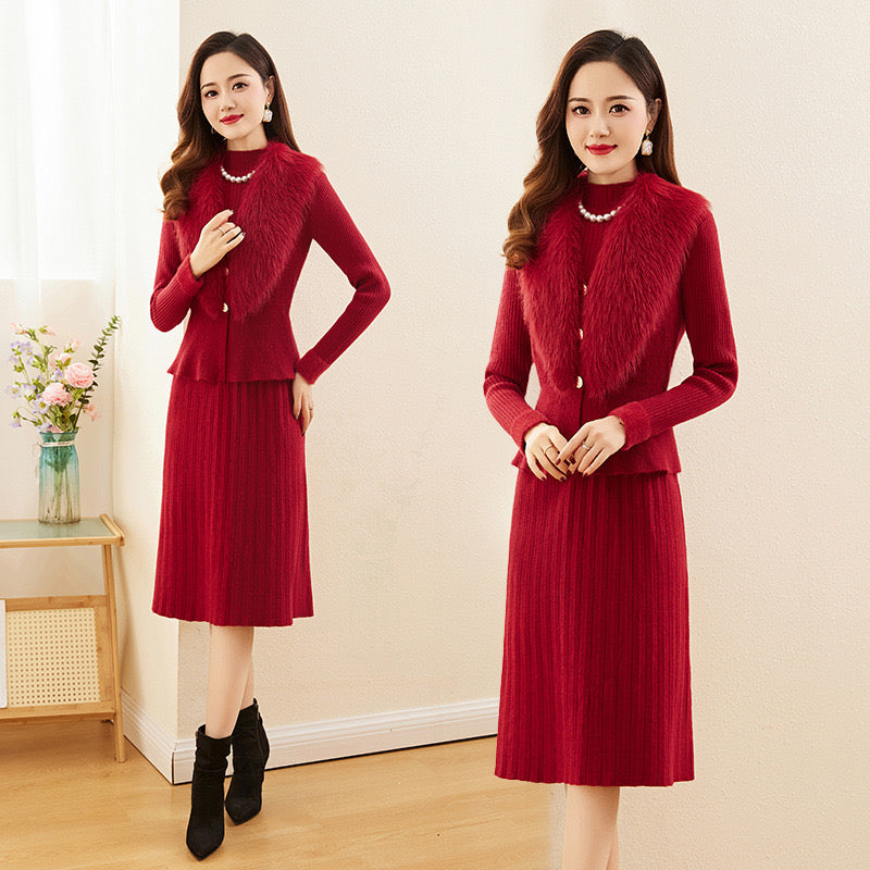 Pankh Leveda Wool Dress and Fur Collar Jacket Set