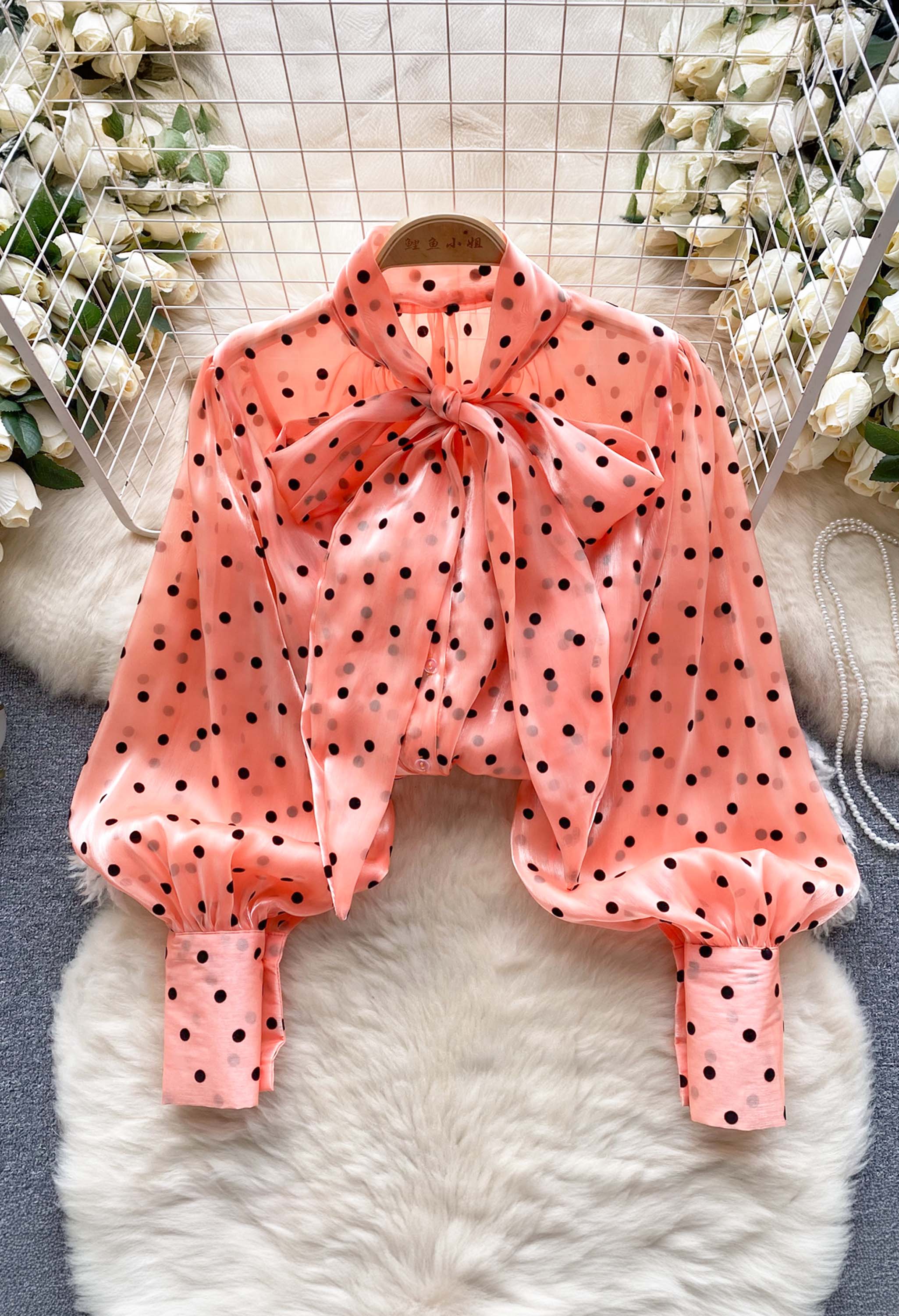 Pankh Maxwell Vintage Polka Dot Loose Mesh Shirt With Bow