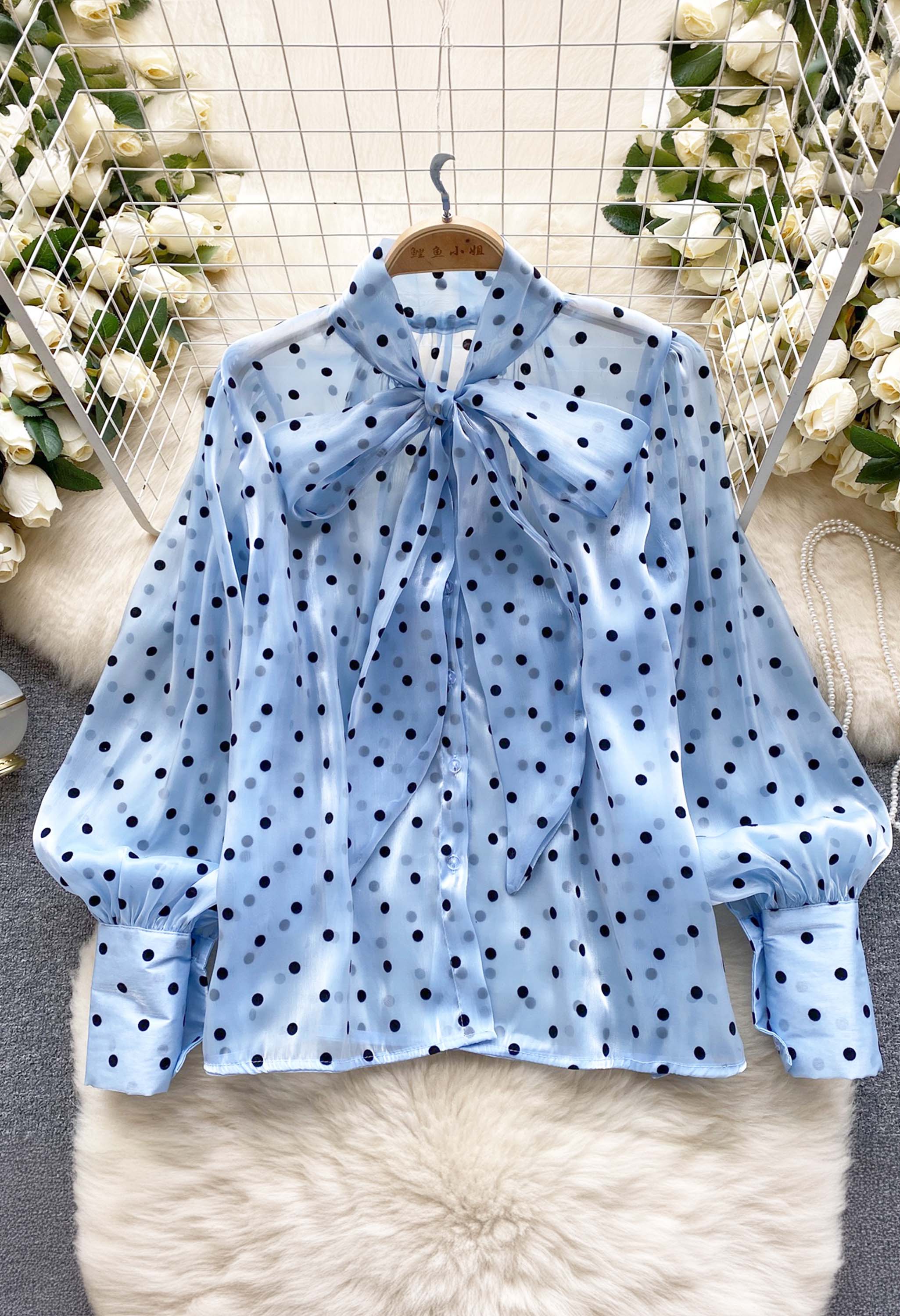 Pankh Maxwell Vintage Polka Dot Loose Mesh Shirt With Bow