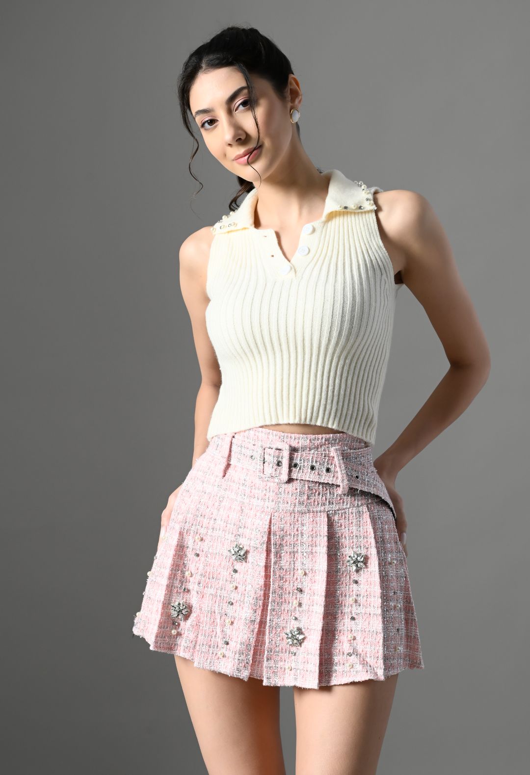 Pankh Shelly Luxe Tweed Embellished Winter Party Wear Skort/Skirt