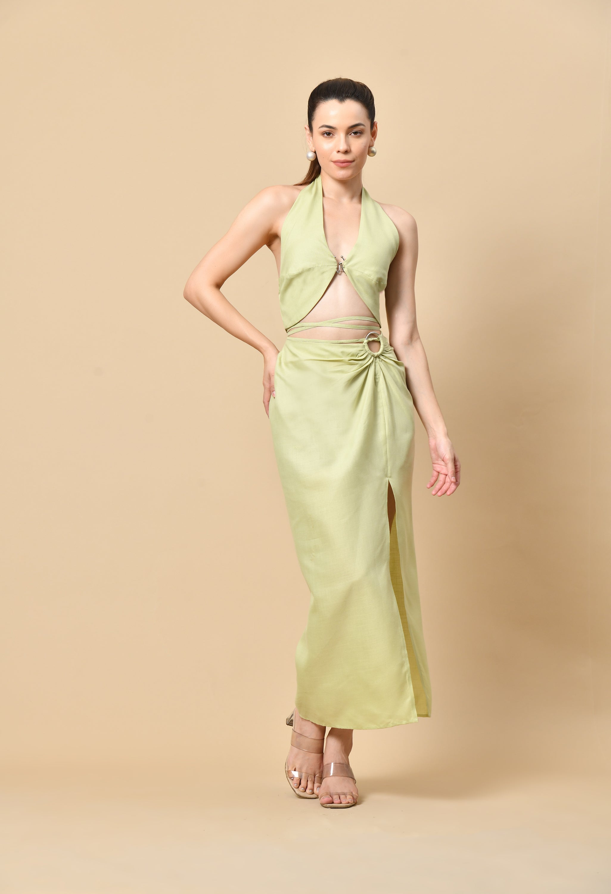 Pankh Moheaa Backless halterneck Linen Top And Skirt Set