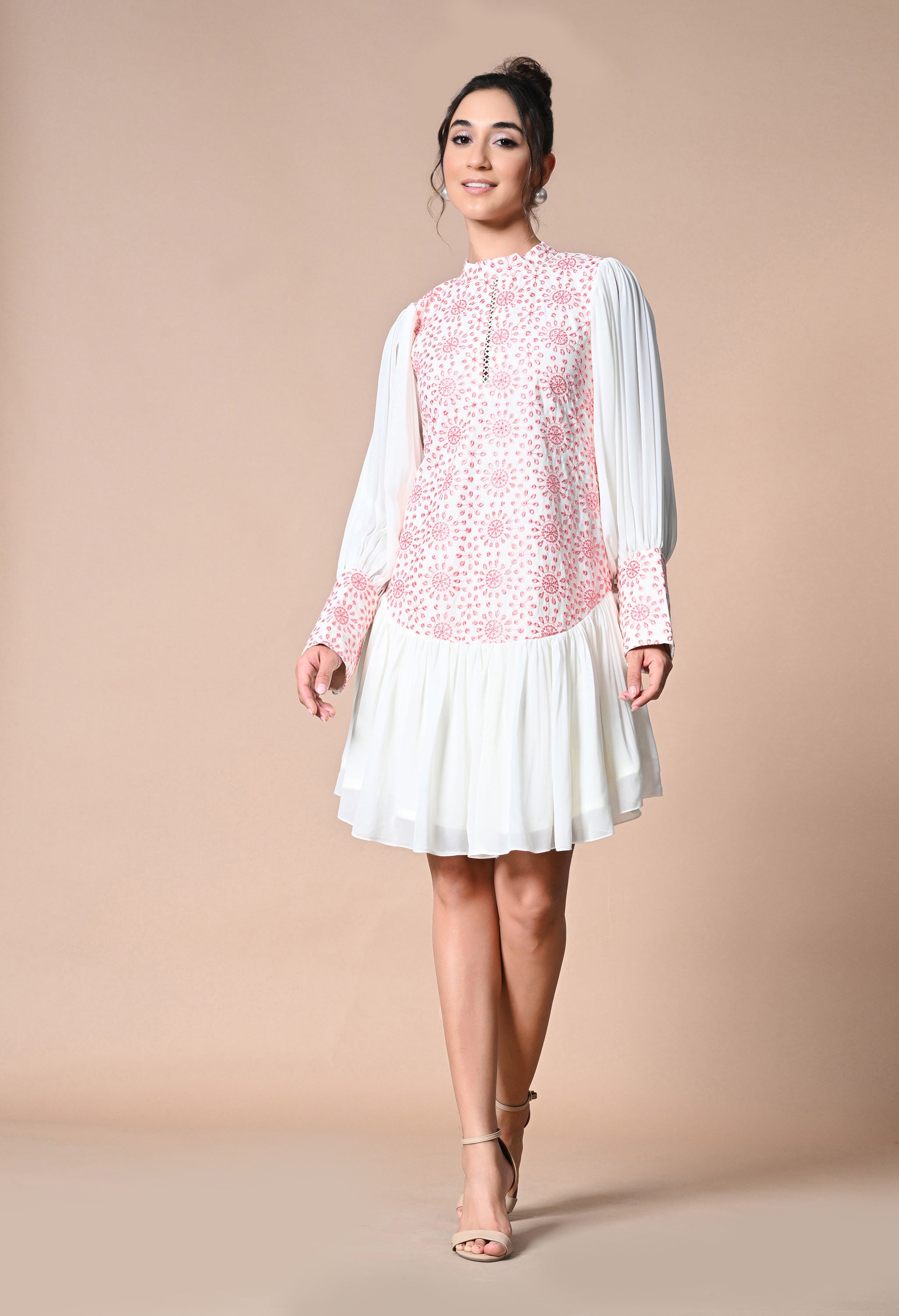 Pankh Playdate Schiffli Dropwaist Dress With Balloon Sleeves