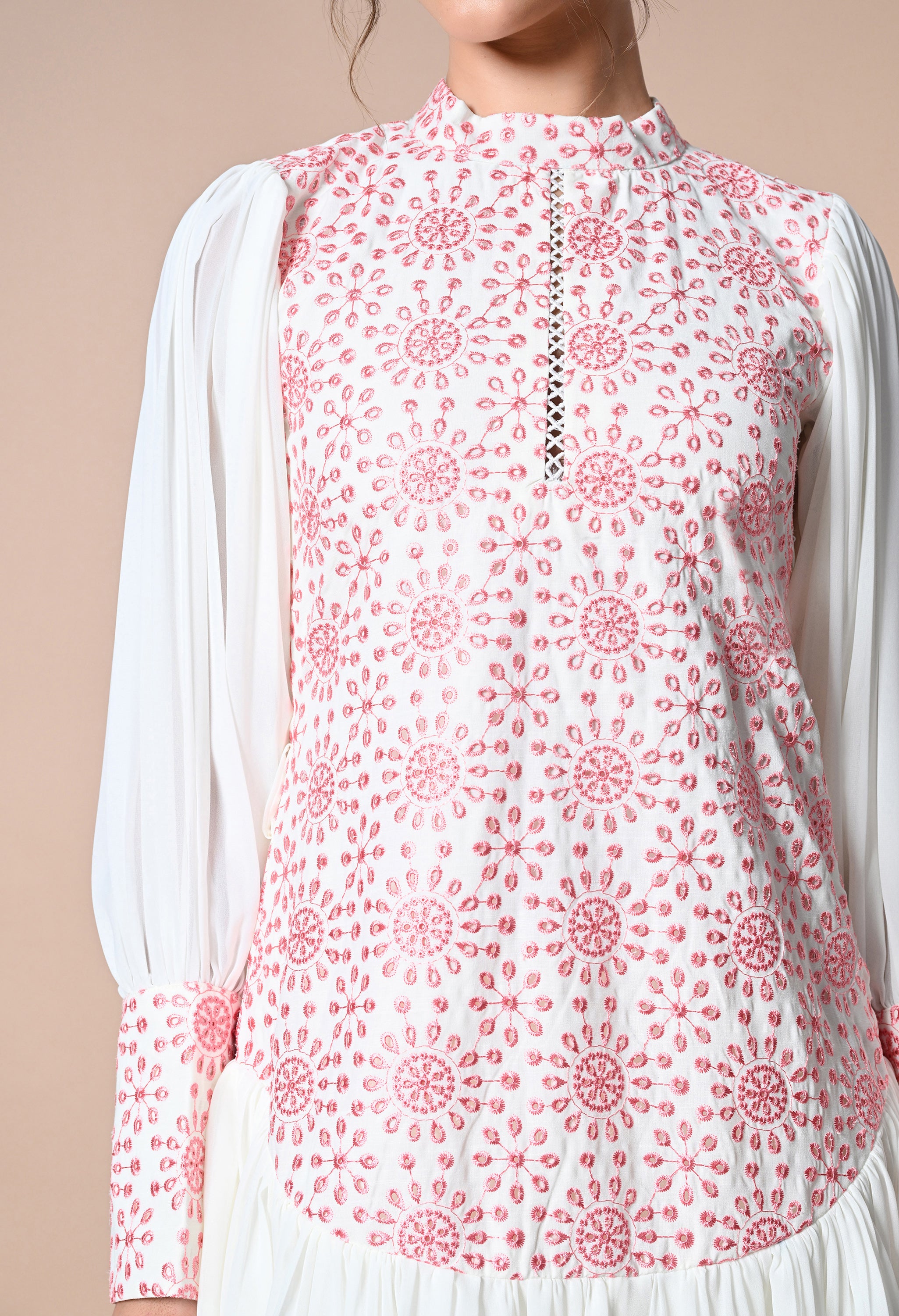 Pankh Playdate Schiffli Dropwaist Dress With Balloon Sleeves