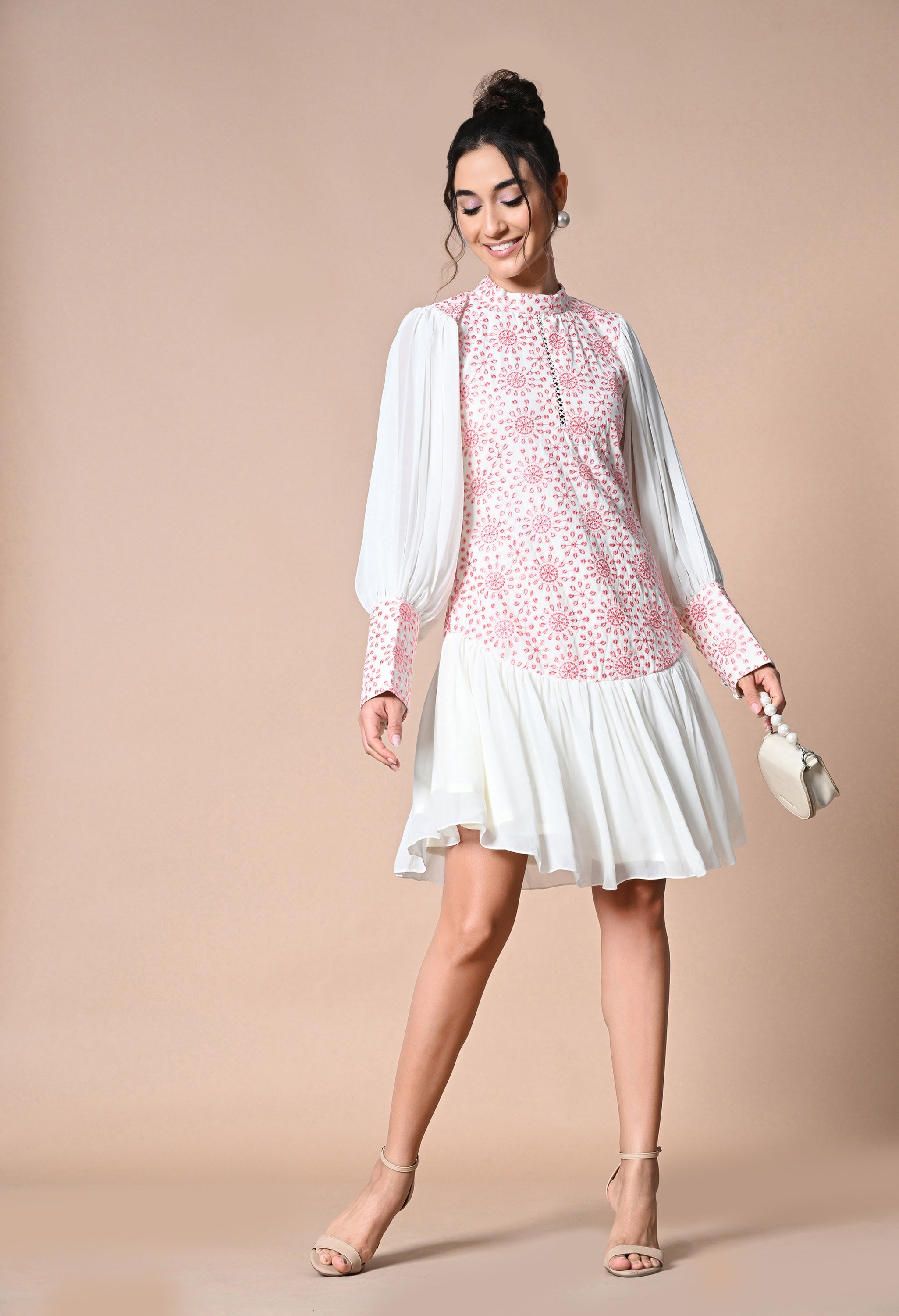 Pankh Playdate Schiffli Dropwaist Dress With Balloon Sleeves