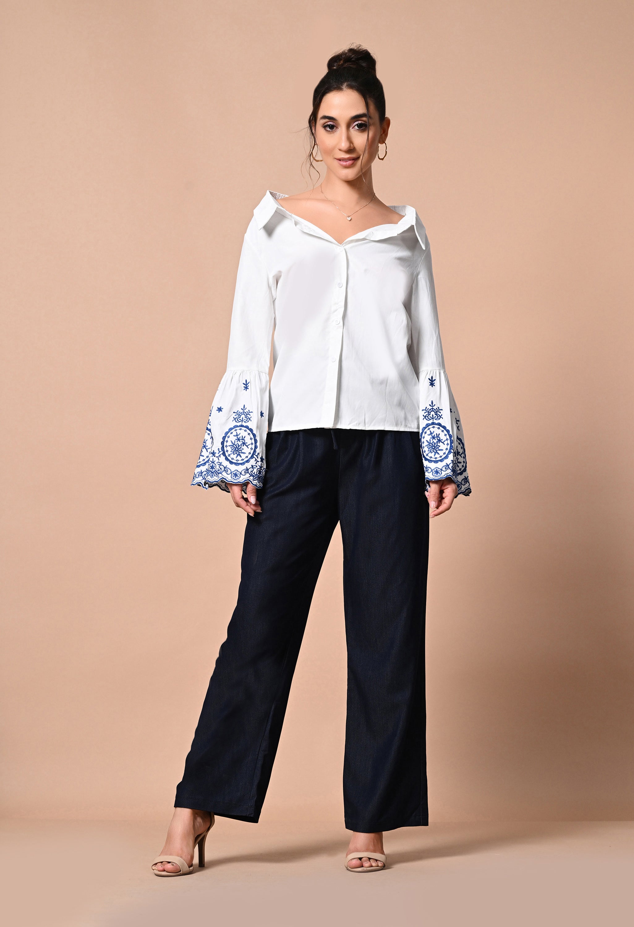 Pankh Monte Embroidered Cotton Off Shoulder Bell Sleeve Shirt
