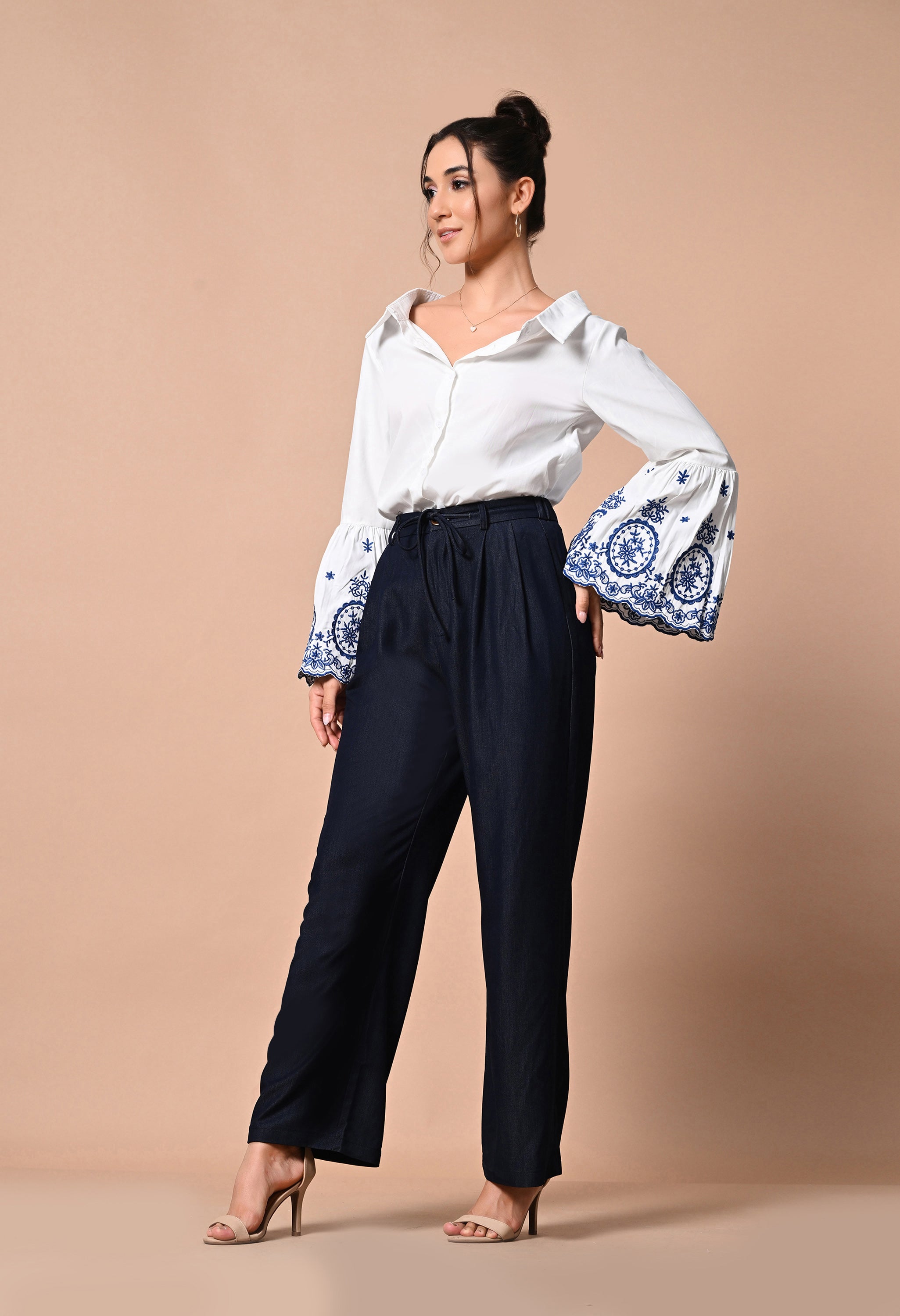 Pankh Monte Embroidered Cotton Off Shoulder Bell Sleeve Shirt