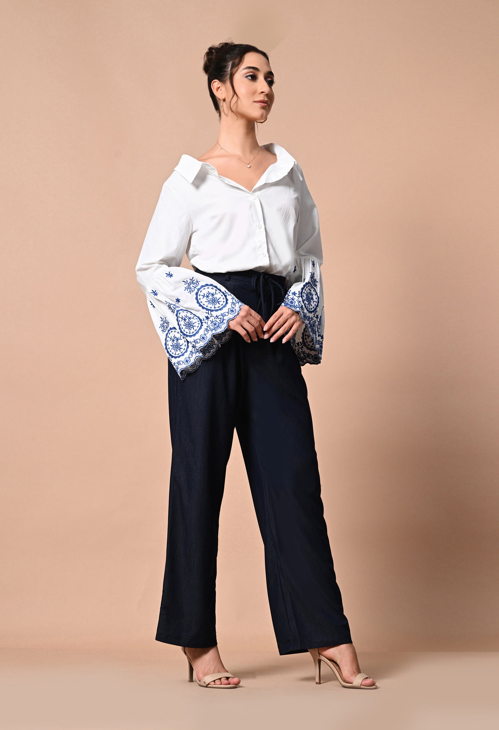 Pankh Monte Embroidered Cotton Off Shoulder Bell Sleeve Shirt