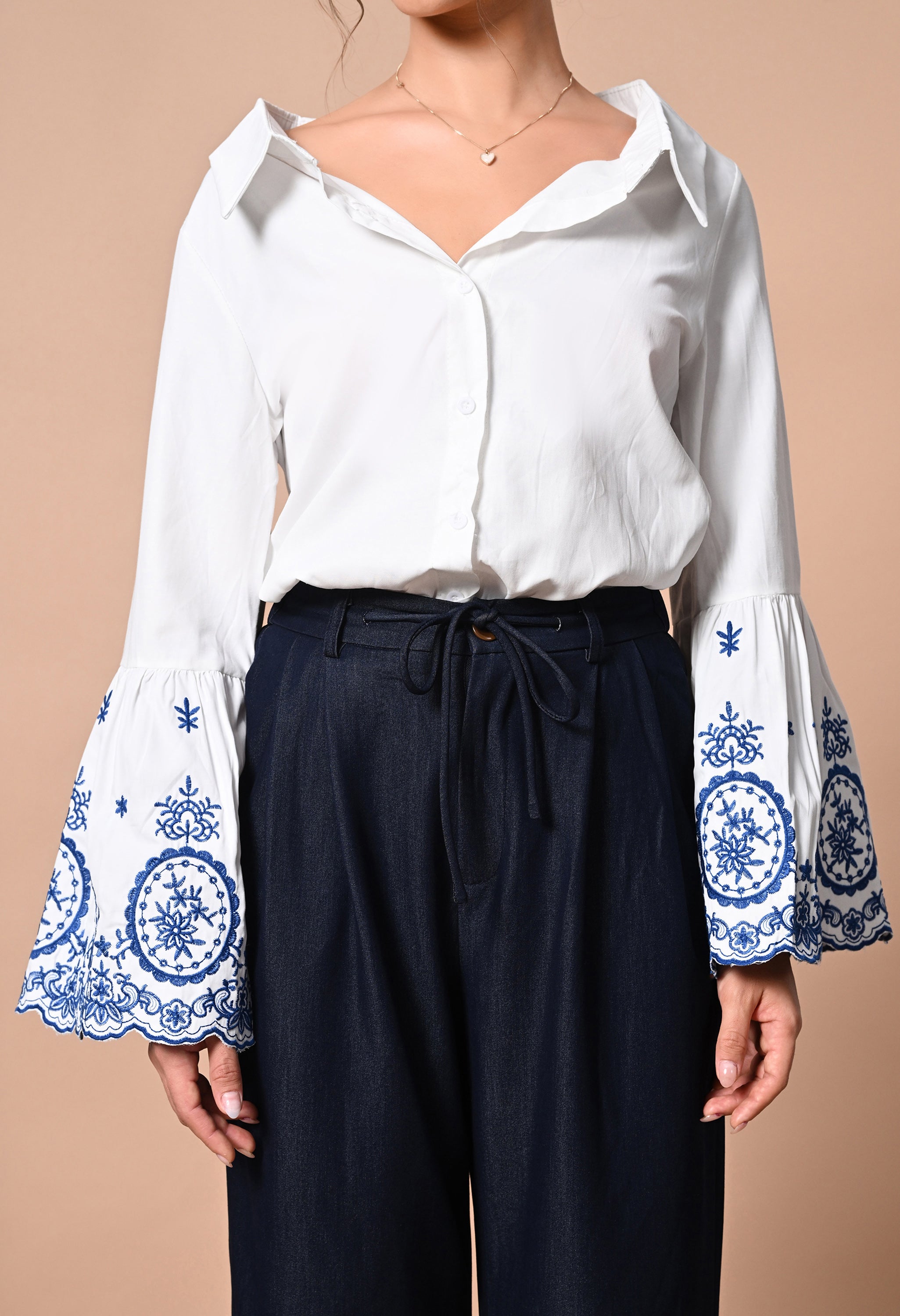 Pankh Monte Embroidered Cotton Off Shoulder Bell Sleeve Shirt