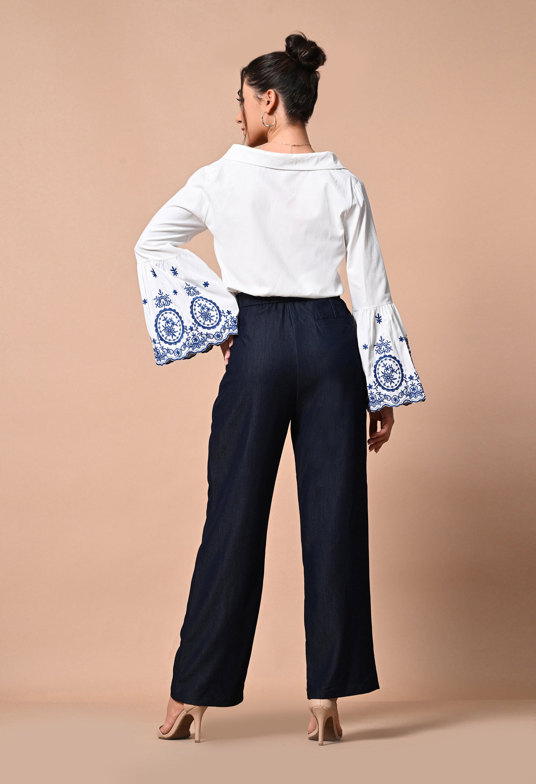 Pankh Monte Embroidered Cotton Off Shoulder Bell Sleeve Shirt