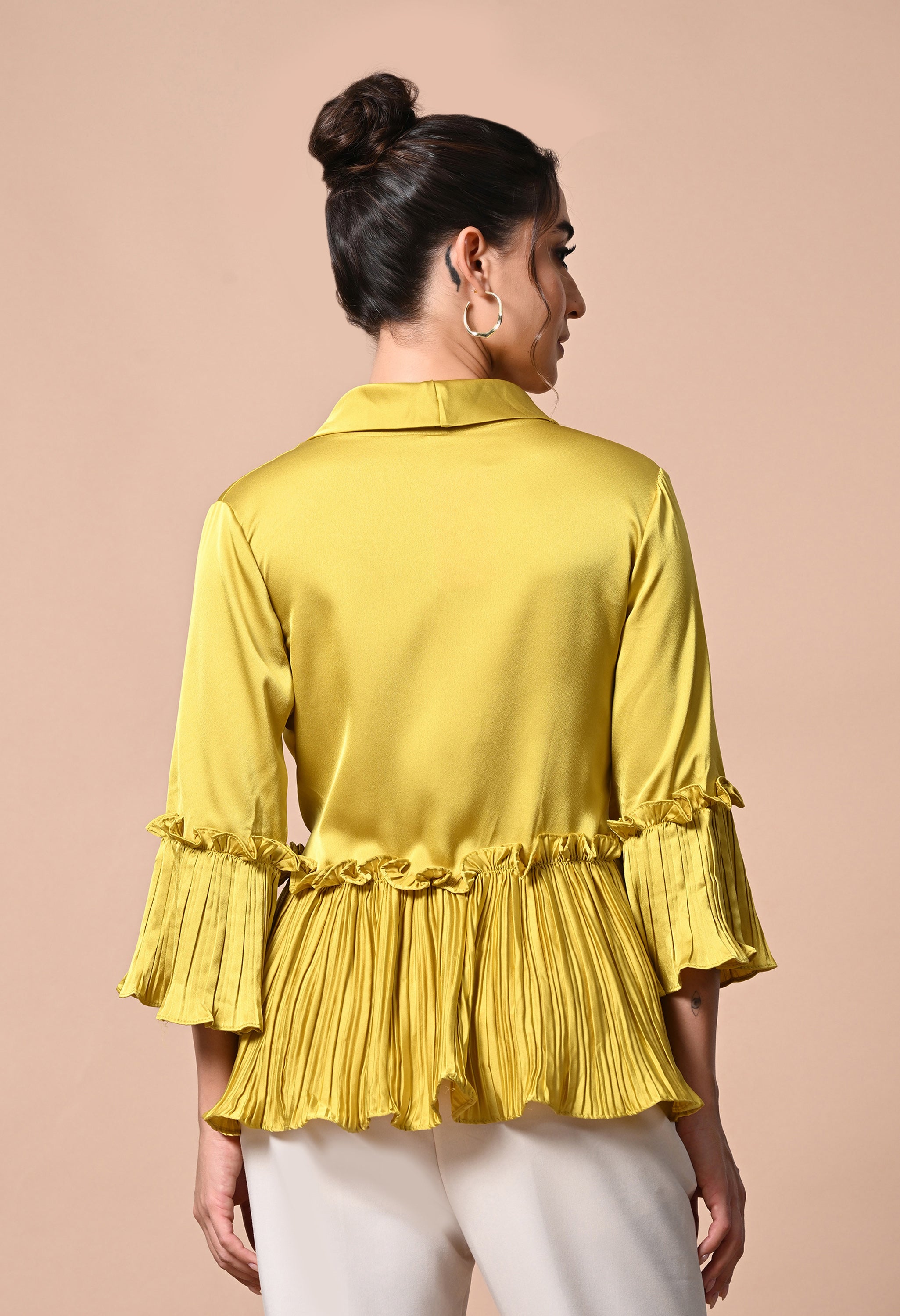 pankh molle satin ruffle wrap up blouse