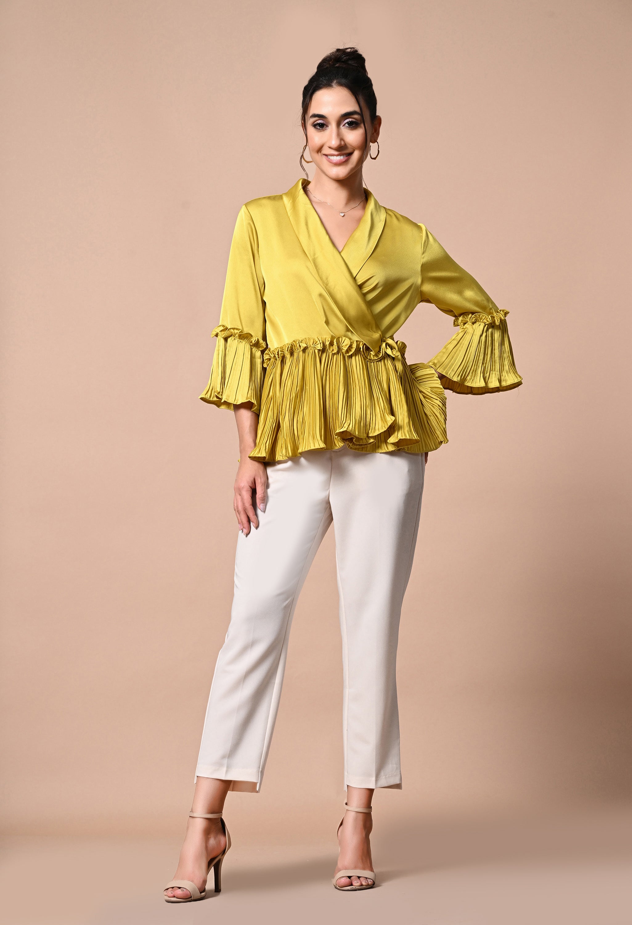 pankh molle satin ruffle wrap up blouse
