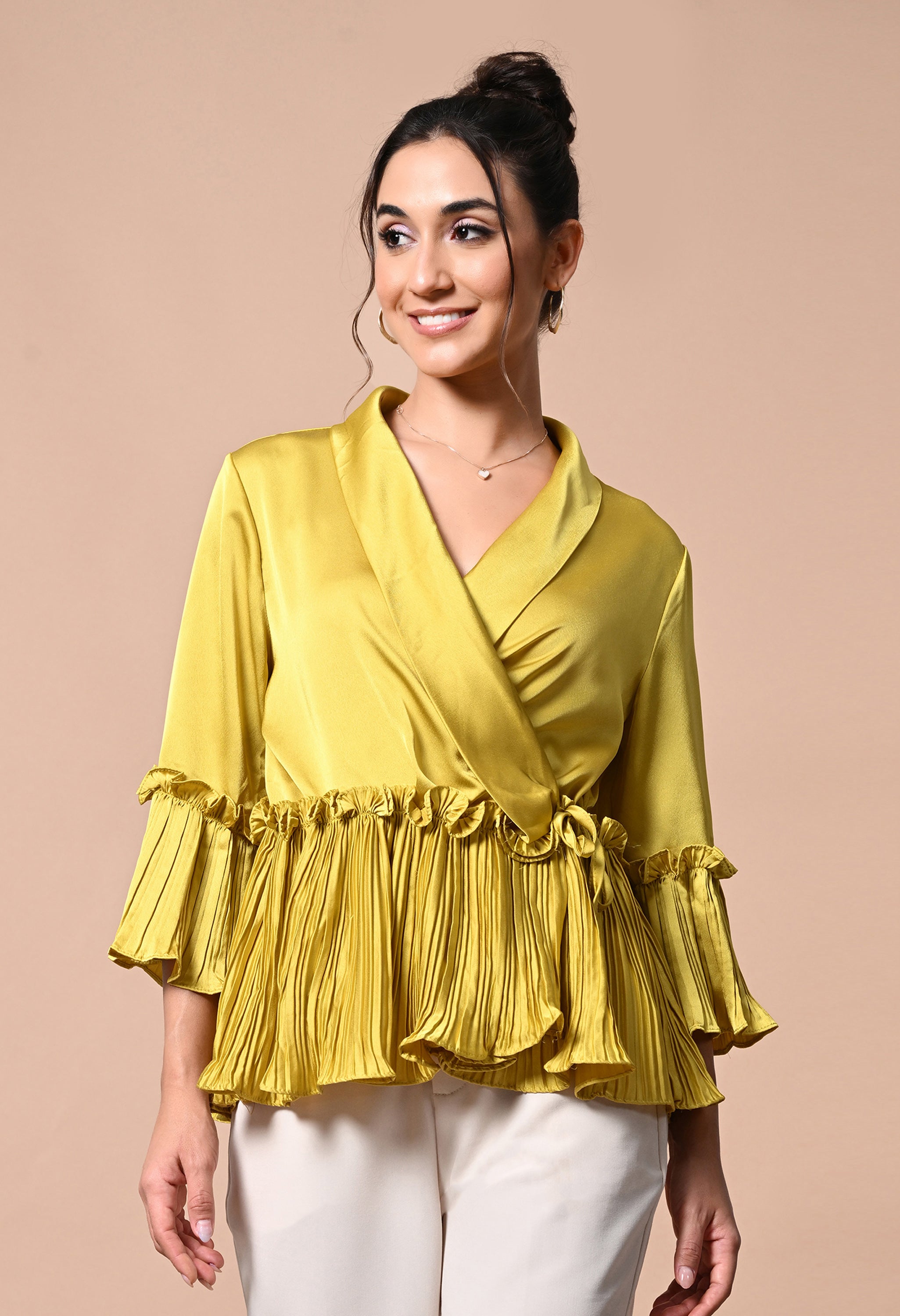 pankh molle satin ruffle wrap up blouse