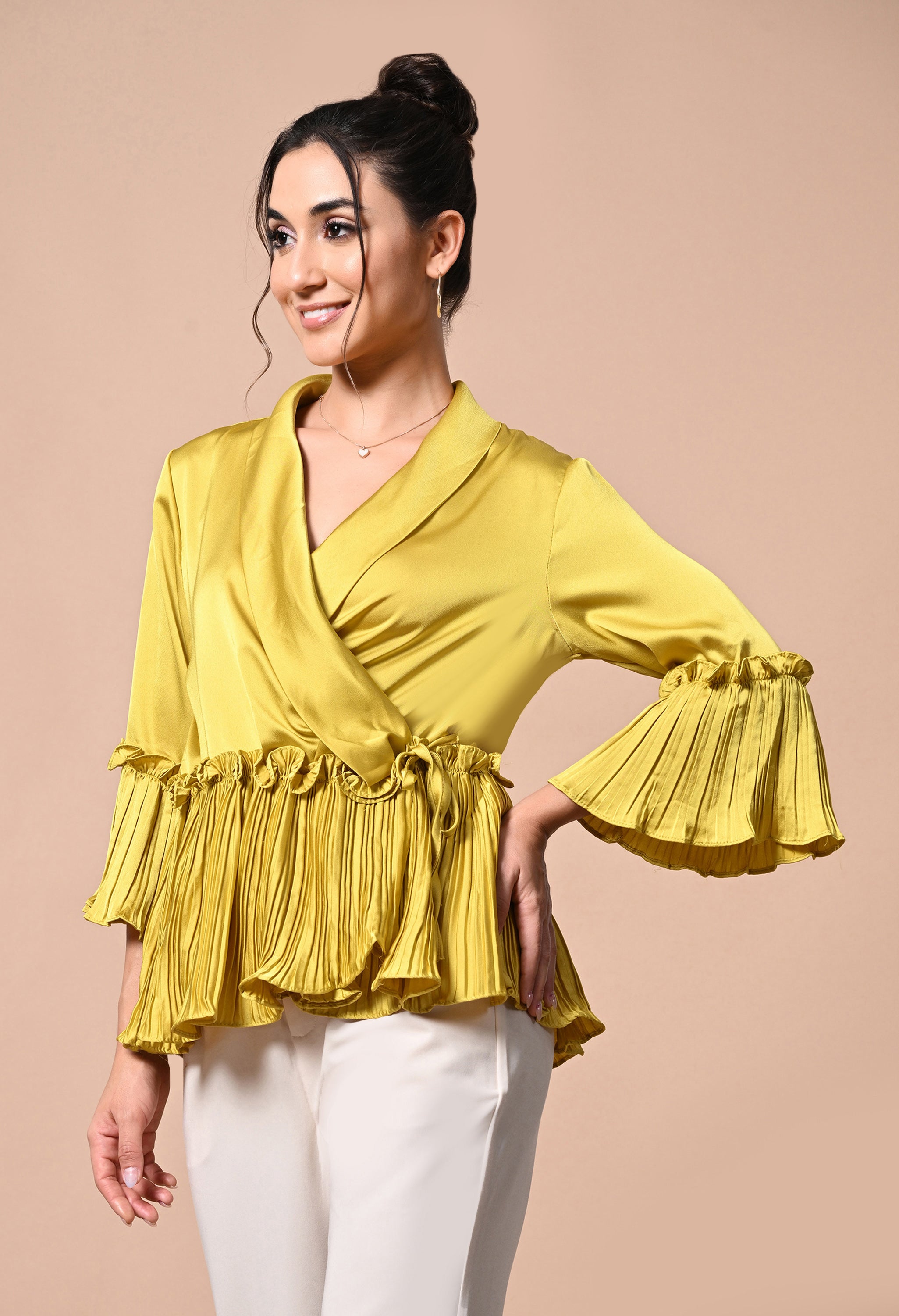 pankh molle satin ruffle wrap up blouse