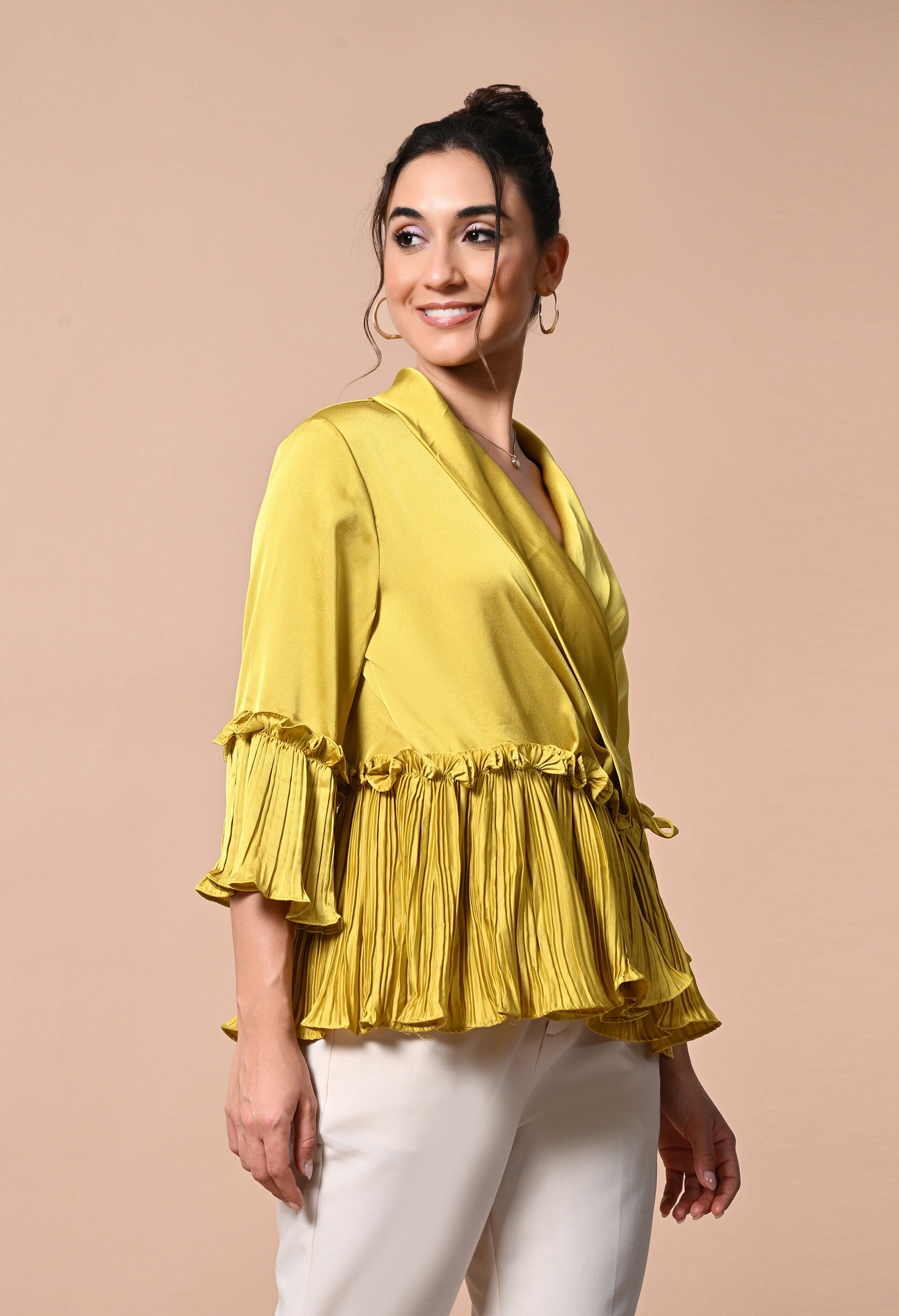 pankh molle satin ruffle wrap up blouse