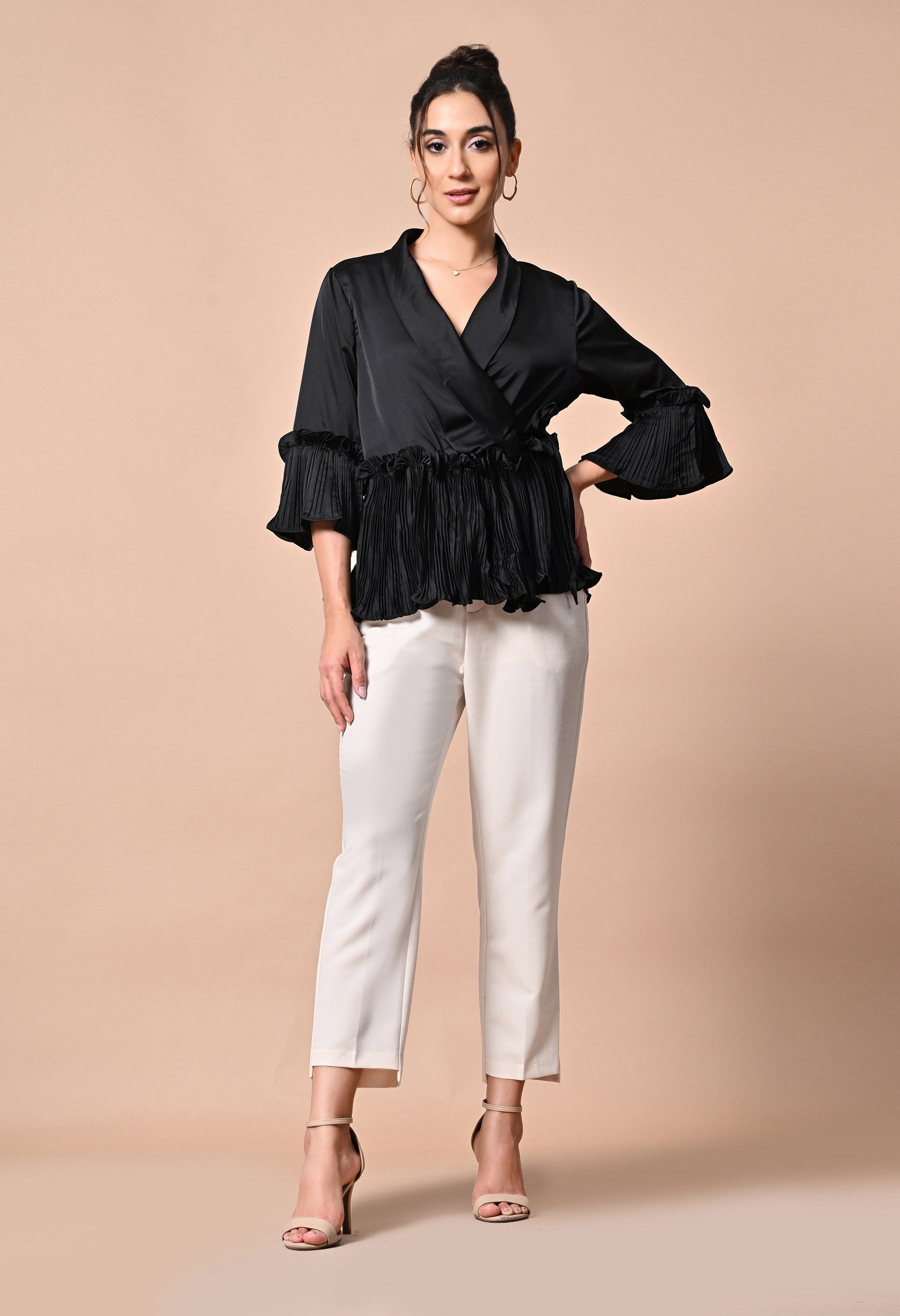 pankh molle satin ruffle wrap up blouse