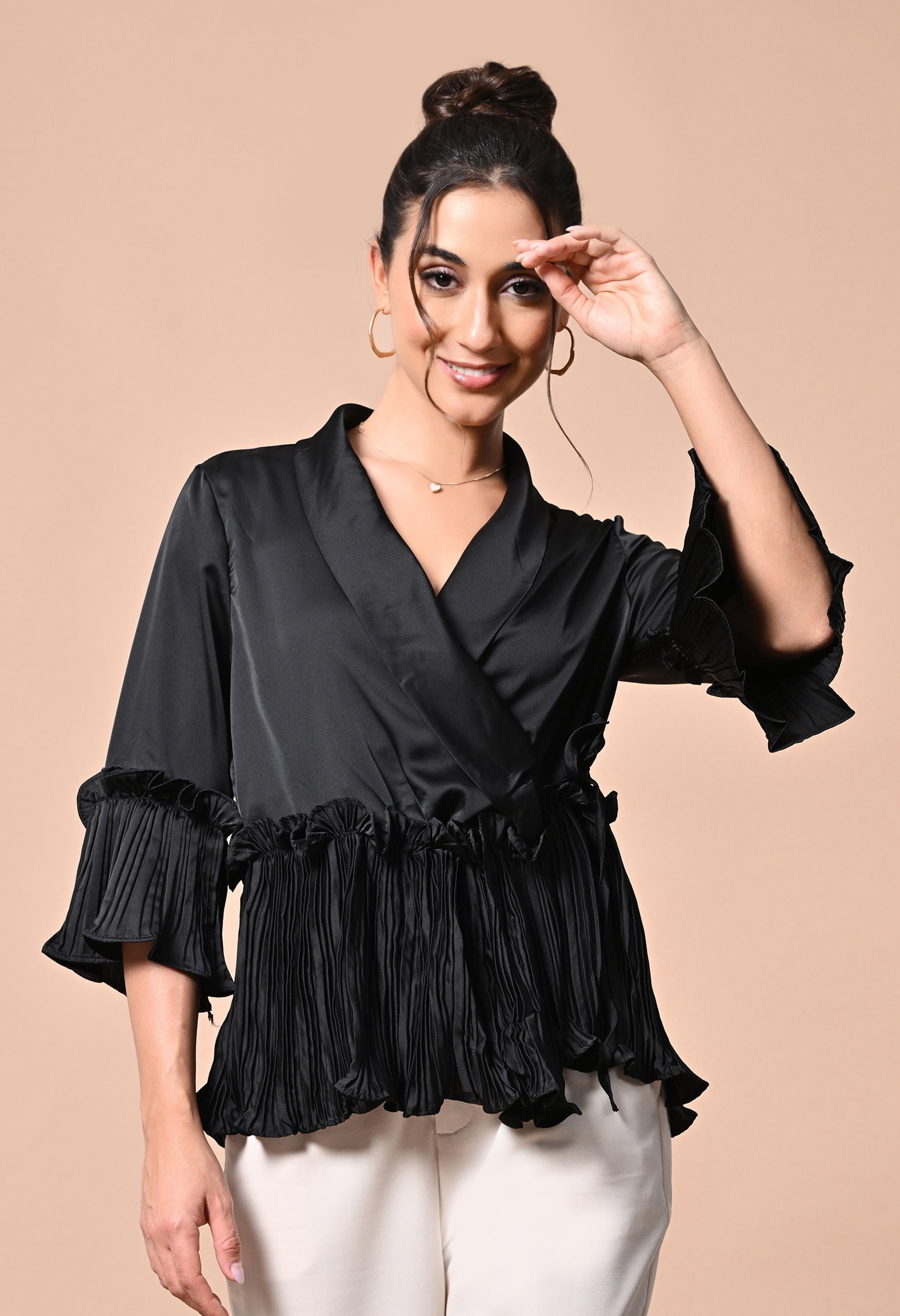 pankh molle satin ruffle wrap up blouse